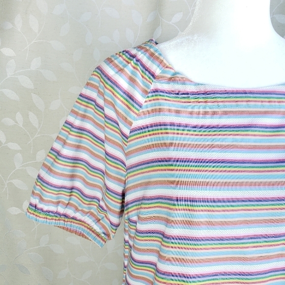 Talbots Pastel Rainbow Striped Puff Sleeve Peasant Top Medium Petite - Picture 4 of 15